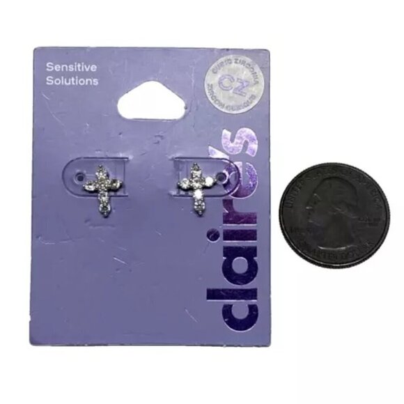 Claire's Sensitive Solutions Cubic Zirconia Stud Earrings Cross Design Jewelry - Picture 1 of 9
